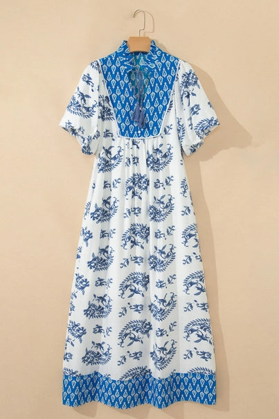 Boho Abstract Print Contrast Trim V Neck Dress