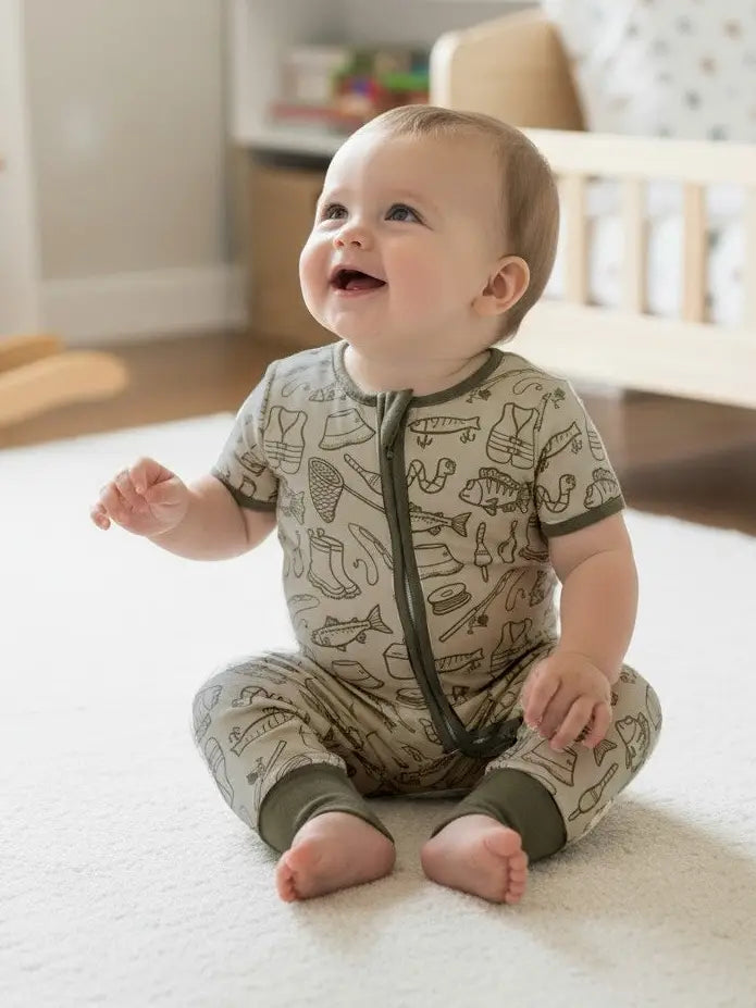Gone Fishing Short Sleeve Baby Romper with Olive Green Hem.
