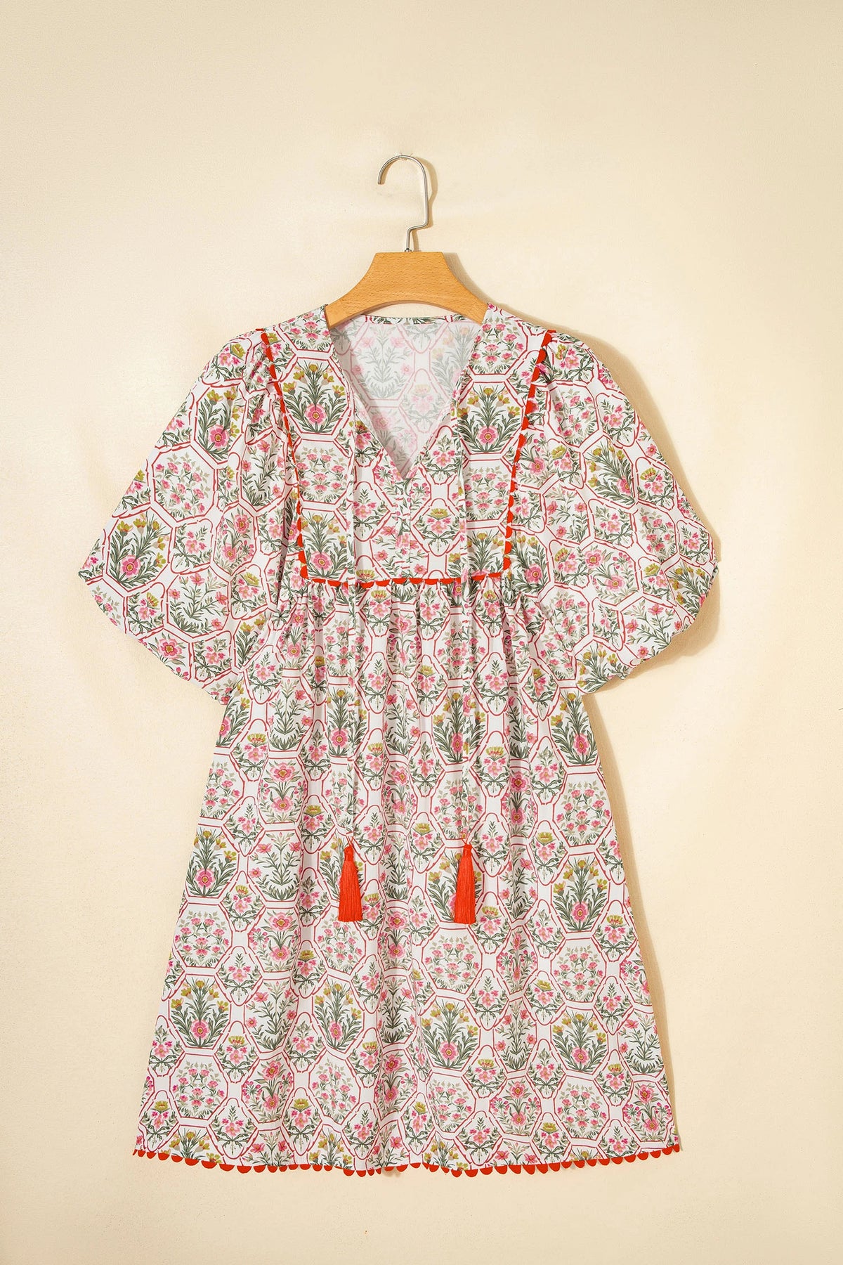 Pink Floral Print Tassel Tie V Neck Scalloped Dress