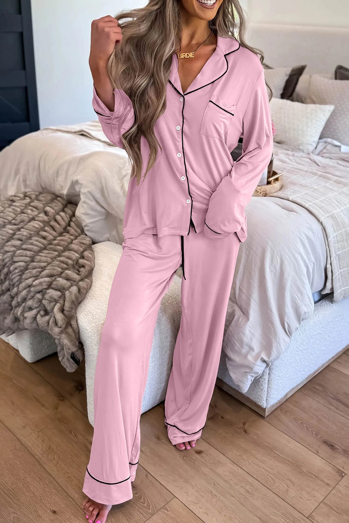 Delicacy Contrast Piping Trim Lapel Button Down Top Lounge Pajama Set