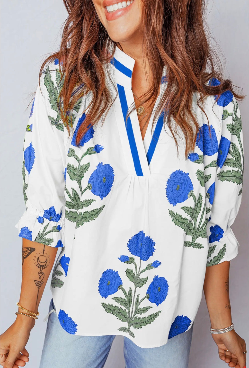 Wild Flower Print V Neck 3/4 Sleeve Blouse
