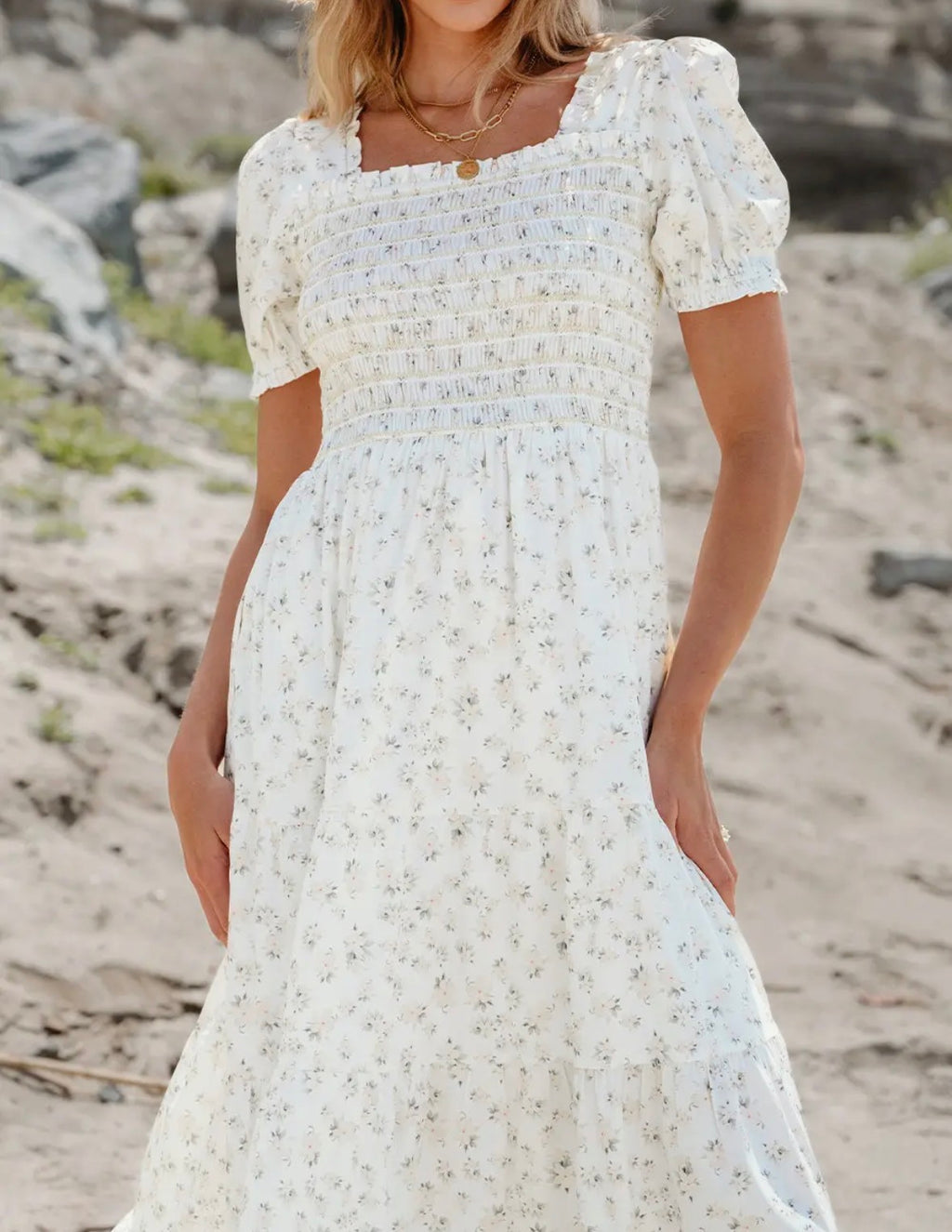 Robin Frilly Shirred Bodice Tiered Floral Maxi Dress