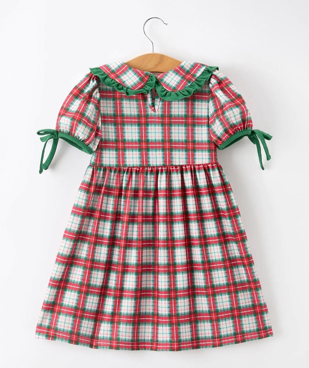 Christmas Tree Plaid Girls Dress Petals Collar Ruffle
