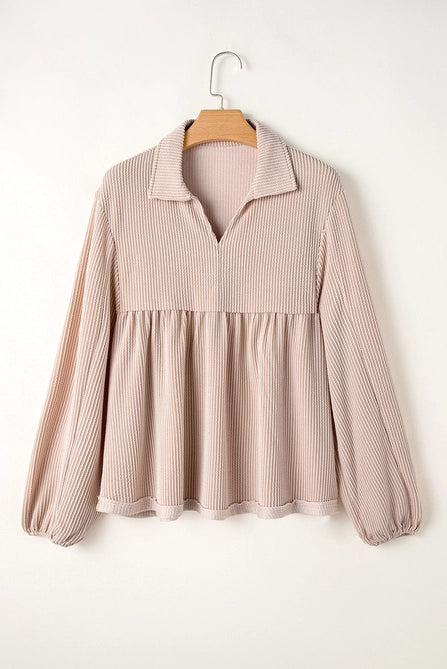 Corded Turn-Down V Neck Bubble Sleeve Babydoll Blouse