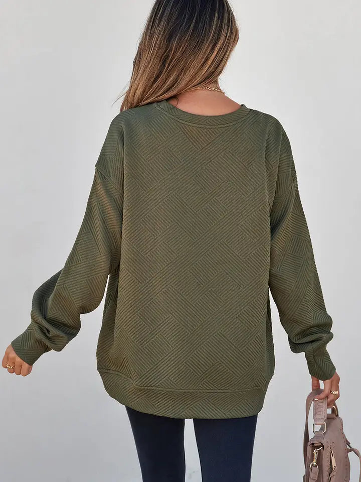 Jungle Green Solid Color Textured Round Neck Drop Shoulder Pullover Sweatshirt