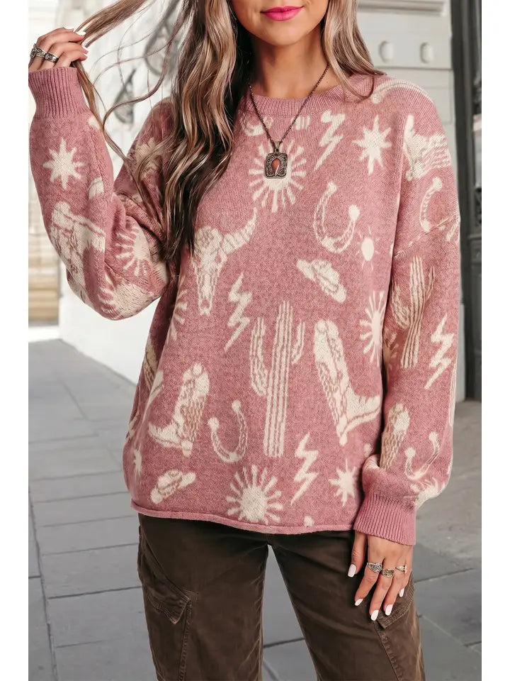 Western Drop Shoulder Round Neck Long Sleeve Sweater