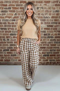 Brown Gingham Plaid Tie Elastic Waist Shift Pants