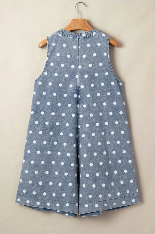 Polka Dot Print Tie V Neck Pleated Loose Denim Romper