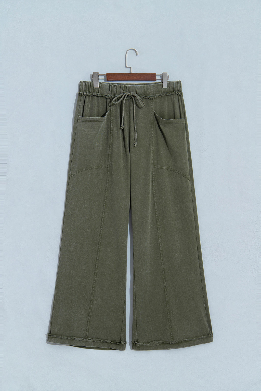 Jungle Green Mineral Wash Seam Detail Flare Leg Drawstring Pants
