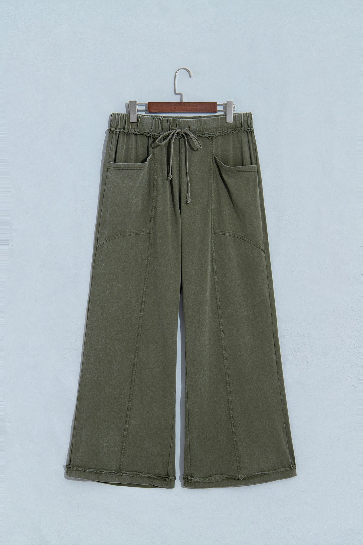 Jungle Green Mineral Wash Seam Detail Flare Leg Drawstring Pants