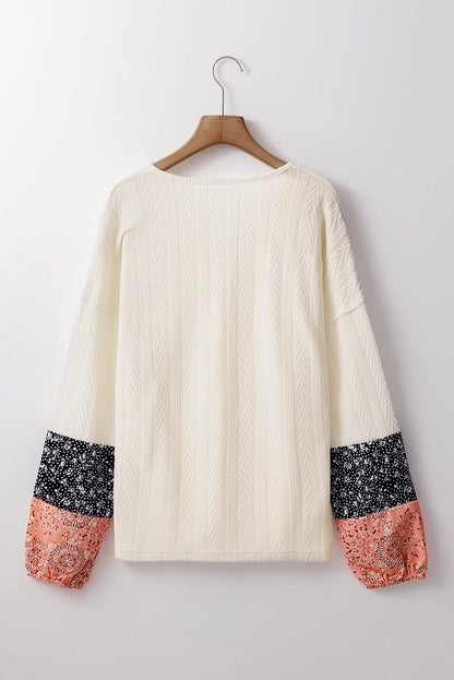 Floral Patchwork Textured Knit Drawstring V-Neck Blouse