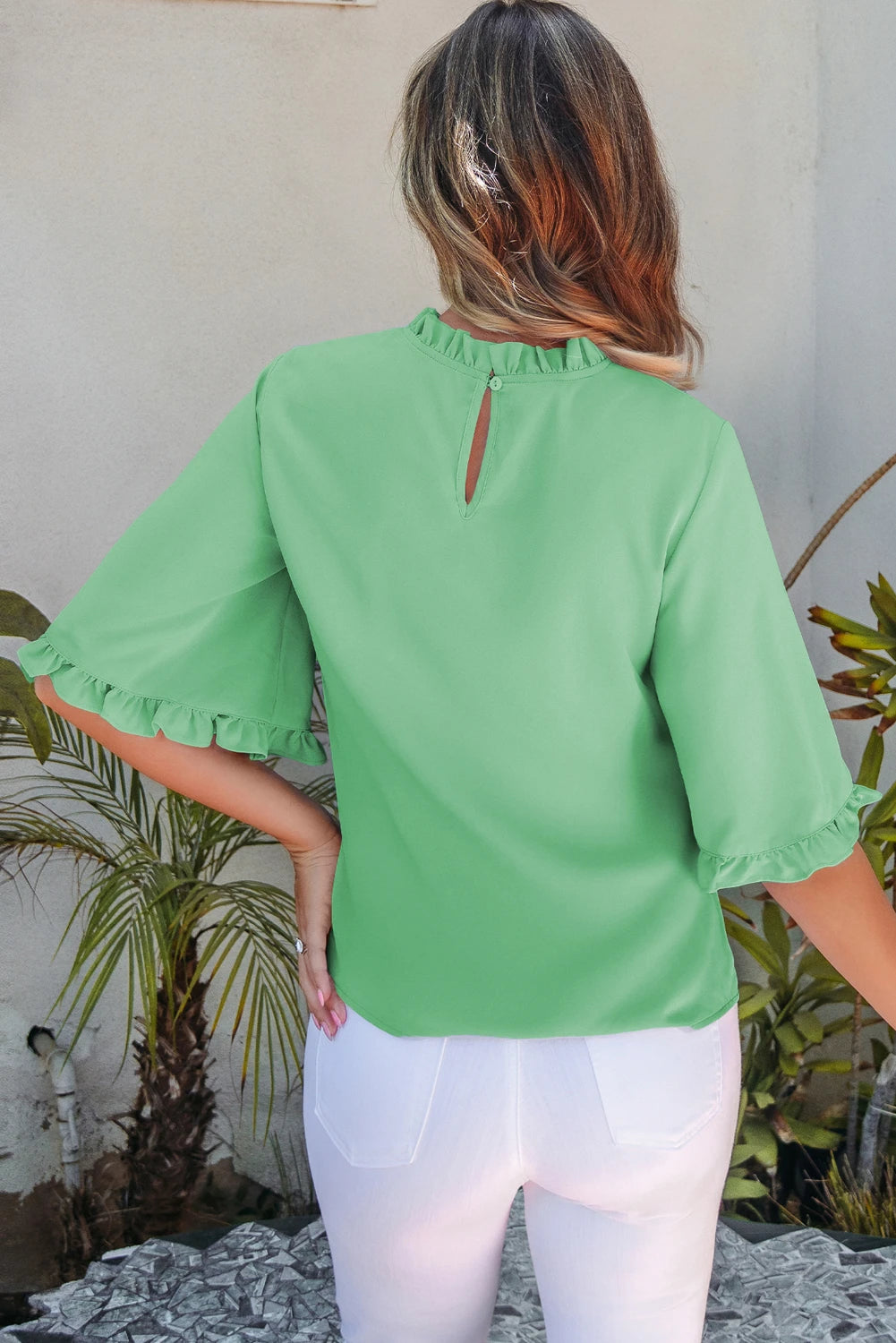 Green Ruffled Bell Sleeve Loose Blouse