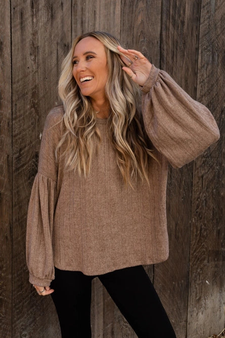 Sweet Heart Balloon Sleeve Knit Sweater - Mocha