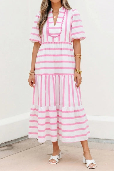 Stripe Ricrac Trim V Neck Half Sleeve Maxi Dress