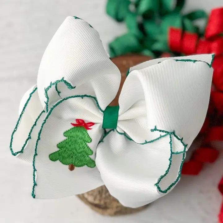 Christmas Tree Embroidered Hair Bow | Clip or Headband
