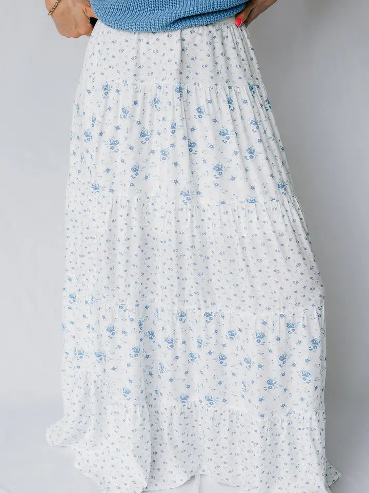 Sky Blue High Waist Tiny Floral Print Boho Maxi Skirt