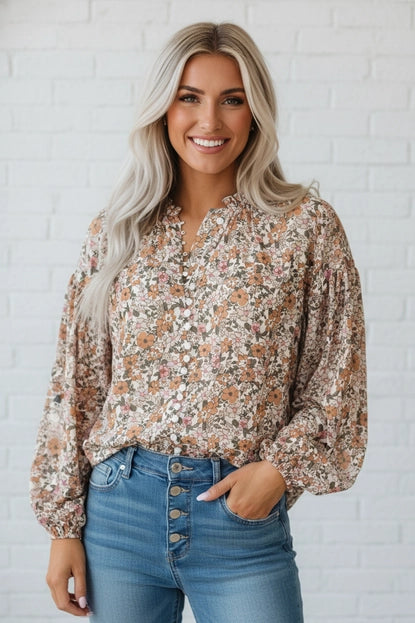 Floral Boho Long Puff Sleeve Buttoned Shirt