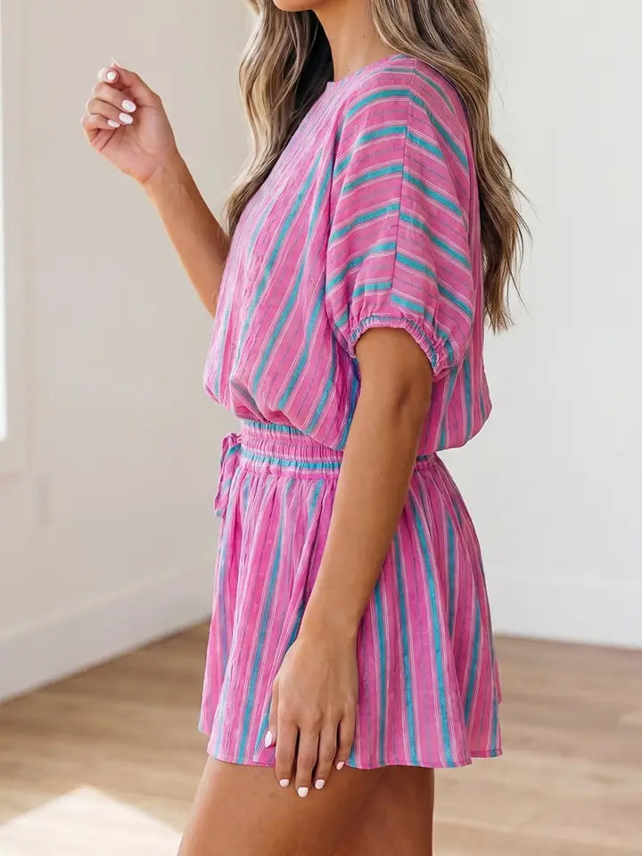 Pink Stripe Puff Sleeve Two Piece Shorts Set