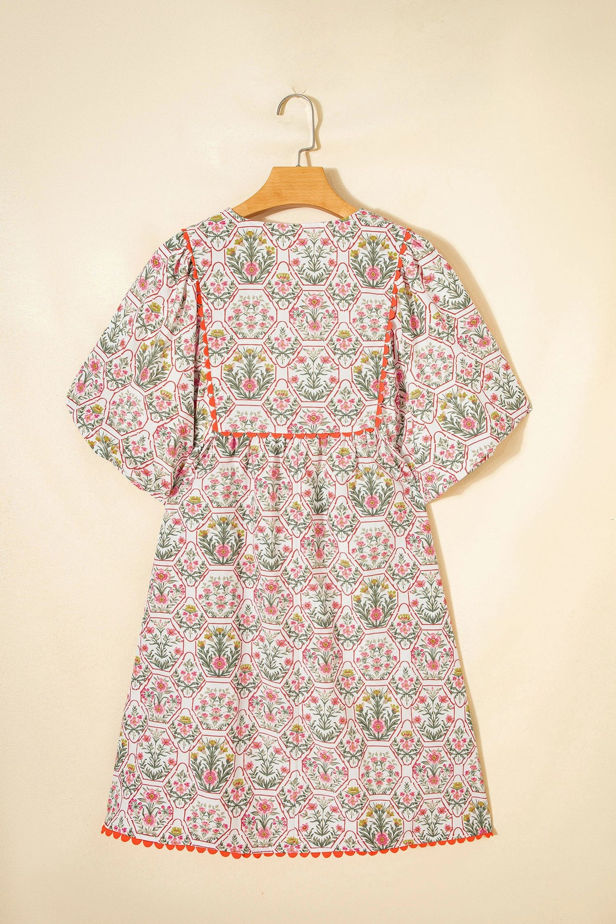 Pink Floral Print Tassel Tie V Neck Scalloped Dress