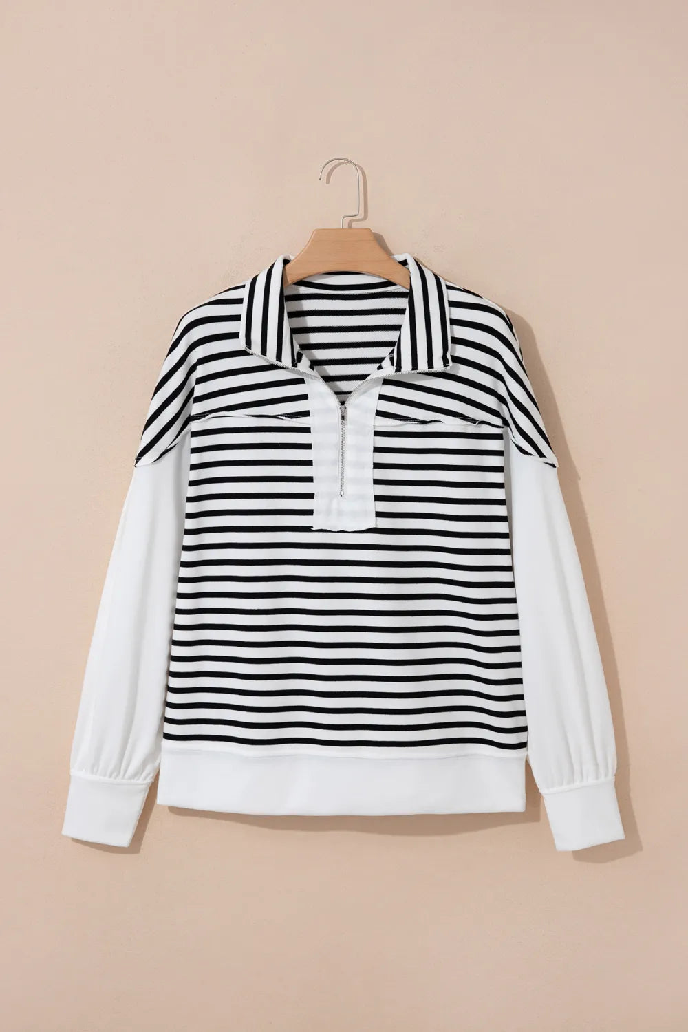White Stripe Color Block Long Puff Sleeve Metal Zip-Up Collar Top
