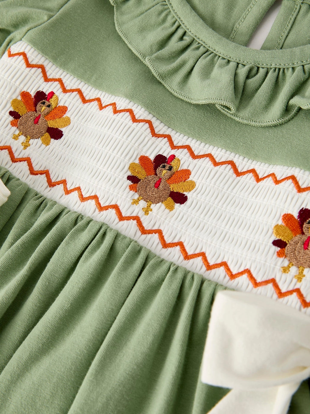 Fall Thanksgiving Bird Smock Embroidered Green Baby Girl Dress