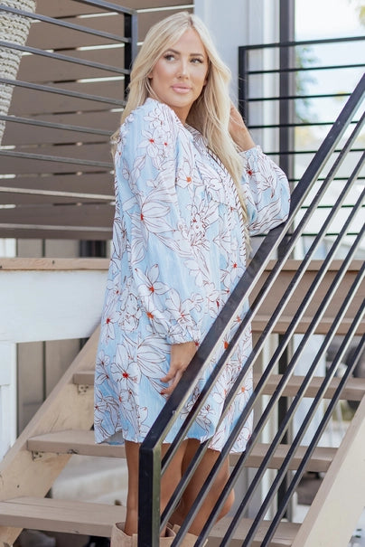 Floral Tie Neck Long Sleeve Dress