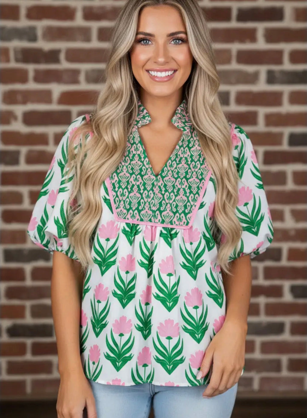 Floral Contrast V-Neck Puff Sleeve Blouse