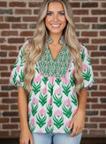 Floral Contrast V-Neck Puff Sleeve Blouse