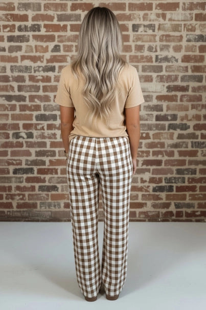 Brown Gingham Plaid Tie Elastic Waist Shift Pants