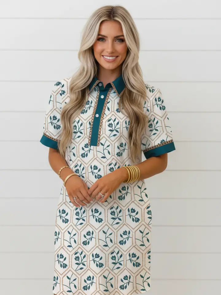 Floral Geometric Lace Trim Collared Dress