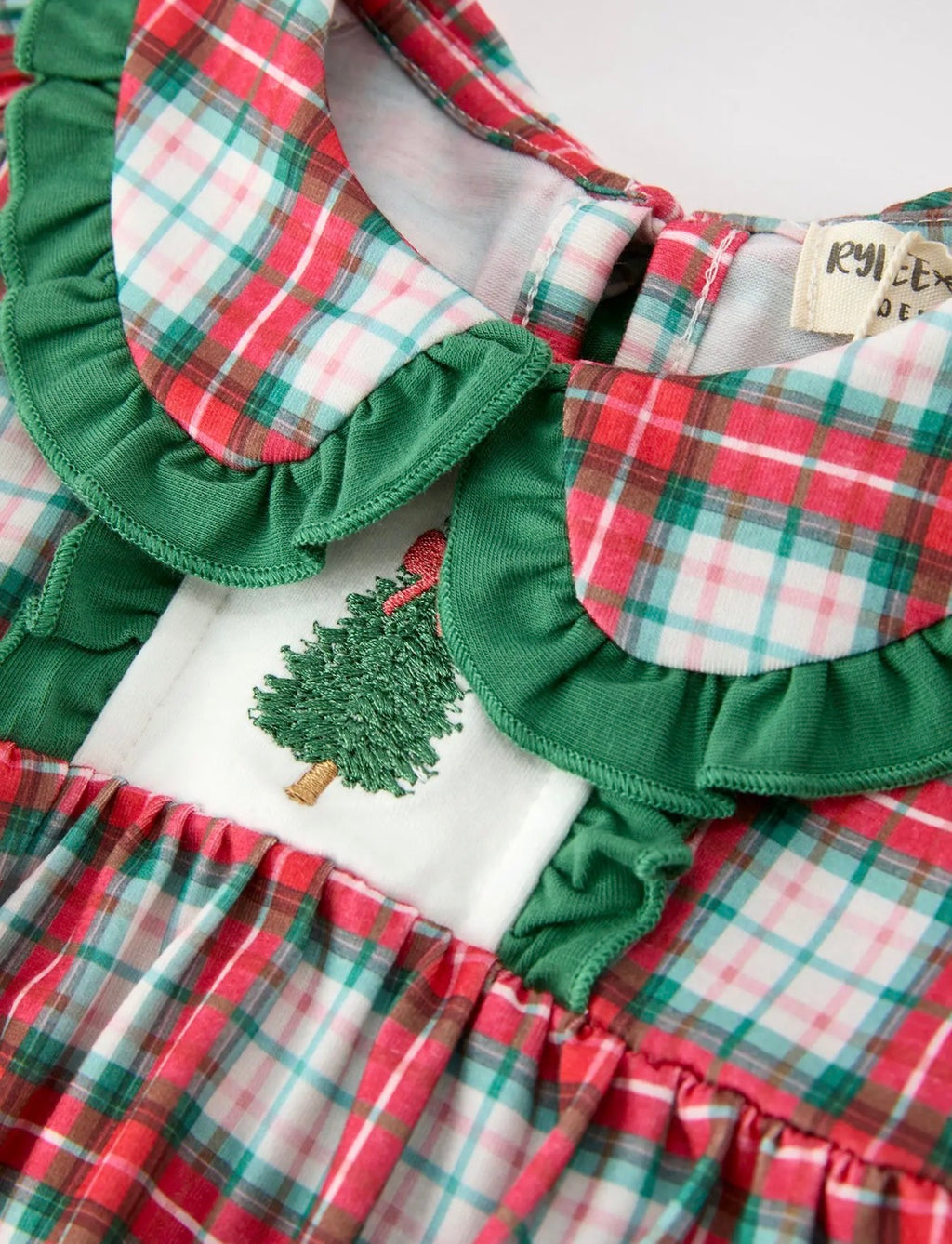 Christmas Tree Plaid Girls Romper Petals Collar Ruffle