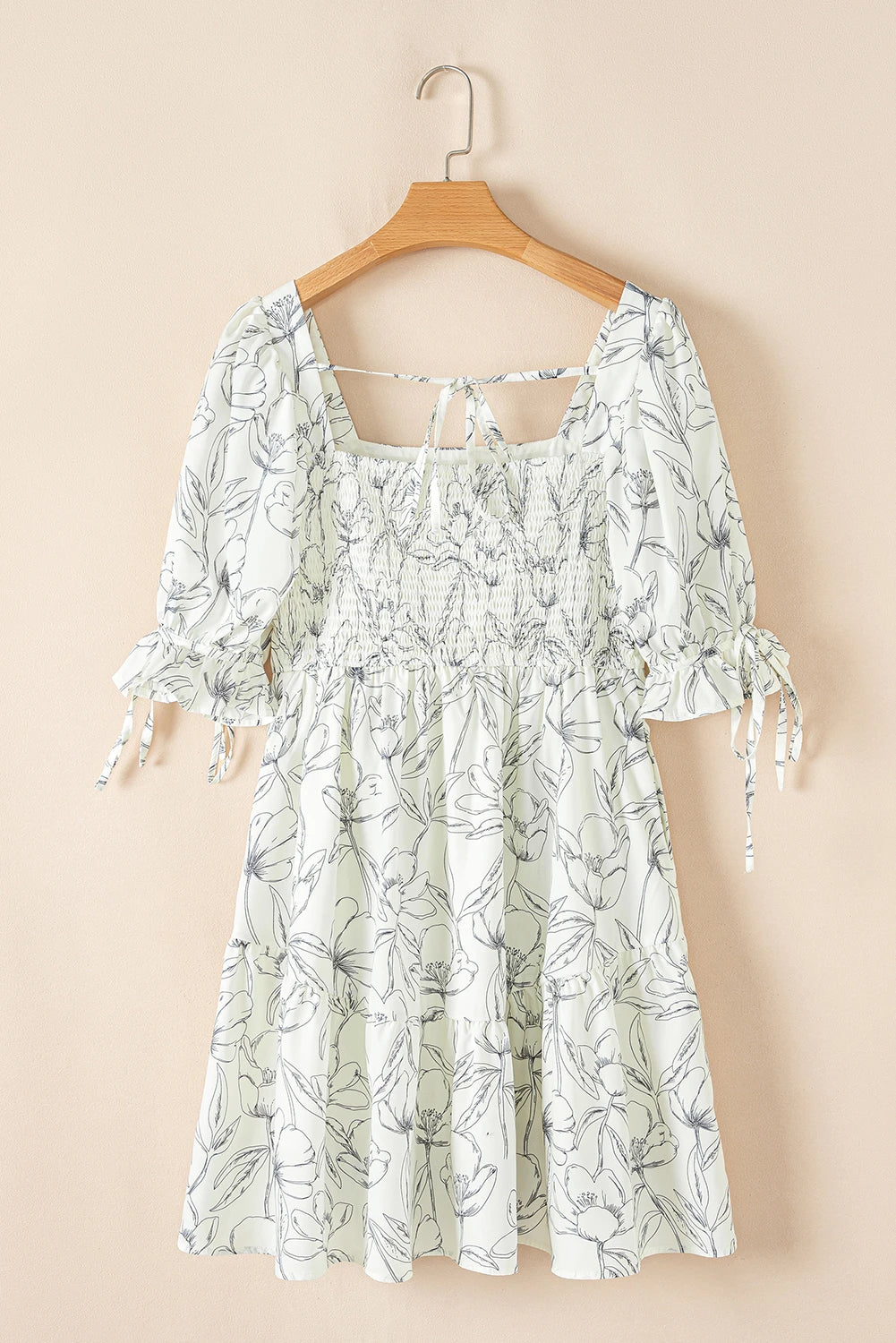 Beige Floral Print Square Neck Shirred Back Puff Sleeve Dress