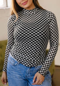 Plaid Stand Neck Long Sleeve Mesh Layering Top