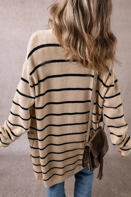Stripe Shawl Open Cardigan with Pockets