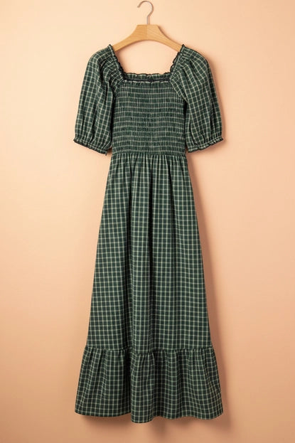 Plaid Square Neck Shirred Ruffle Hem Dress