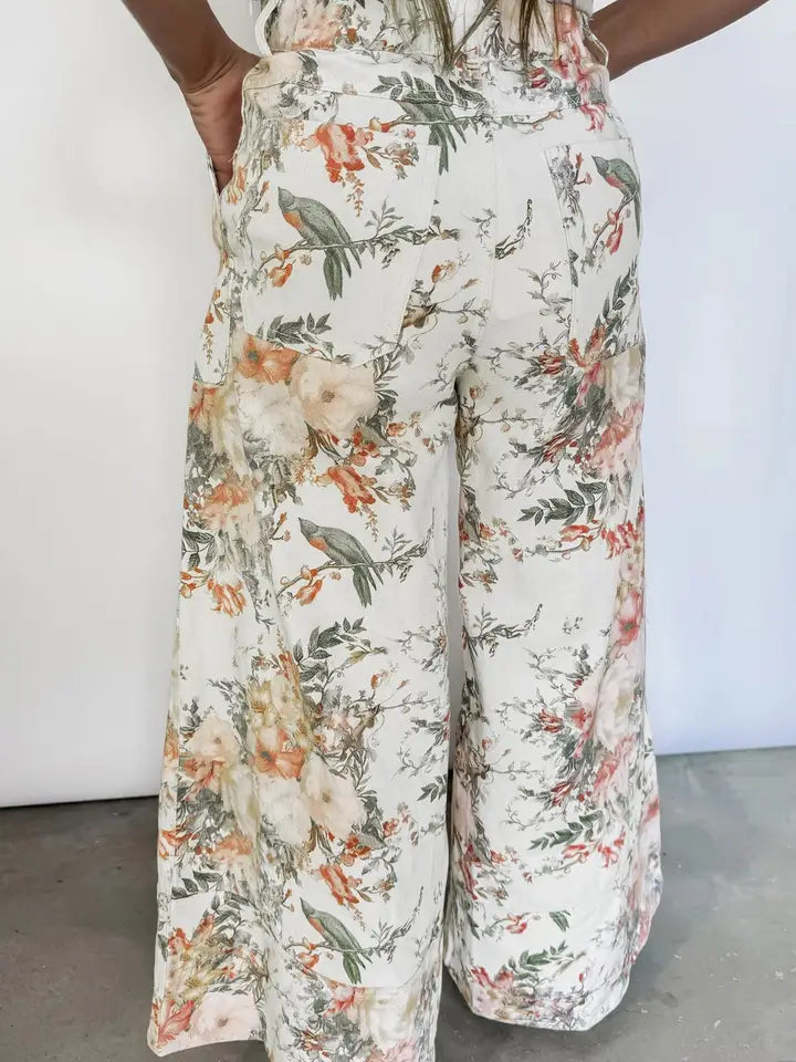 Beige Vintage Style Floral Print High Waist Wide Leg Jeans