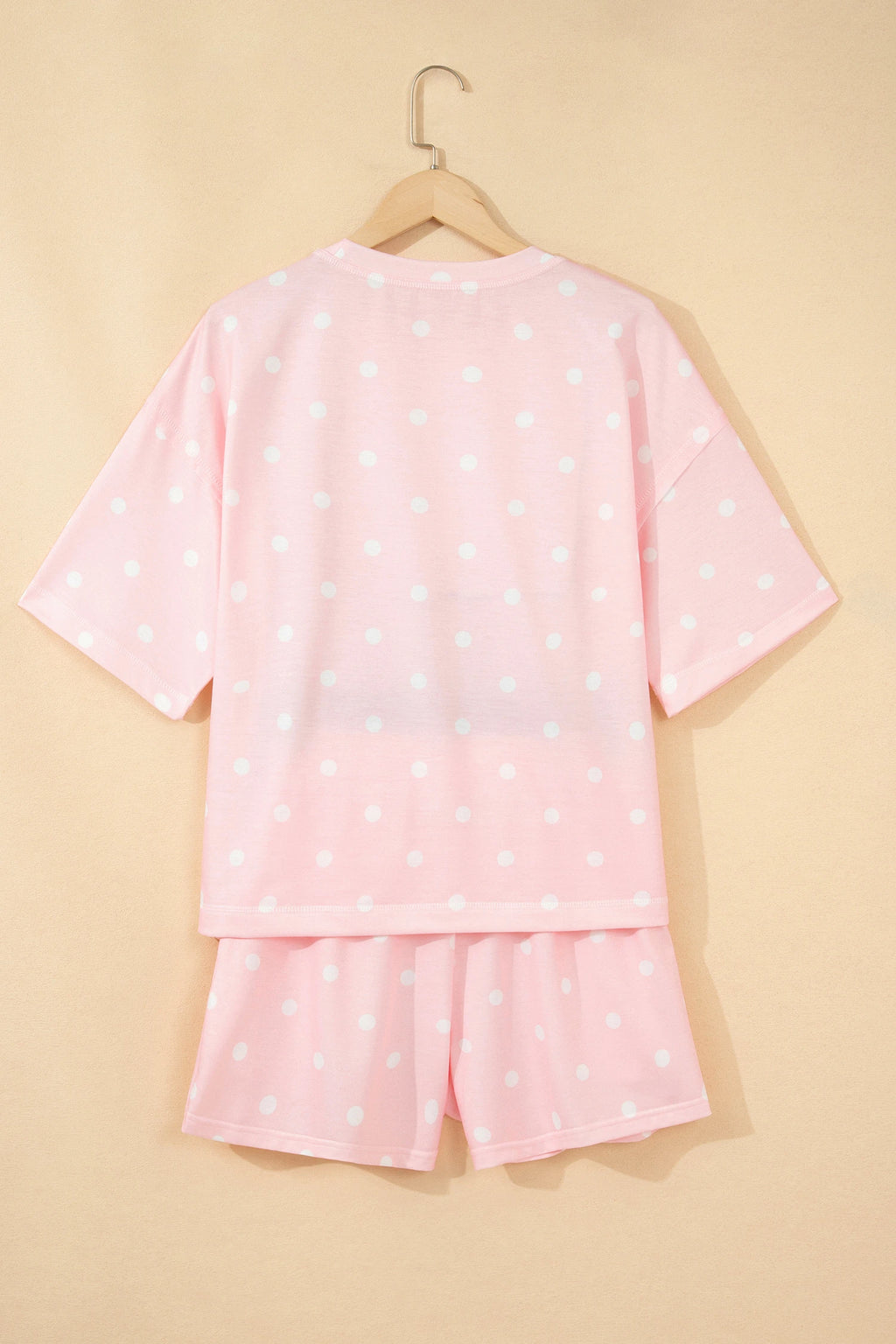 Pink Polka Dot Short Sleeve Loose Top Drawstring Shorts Set