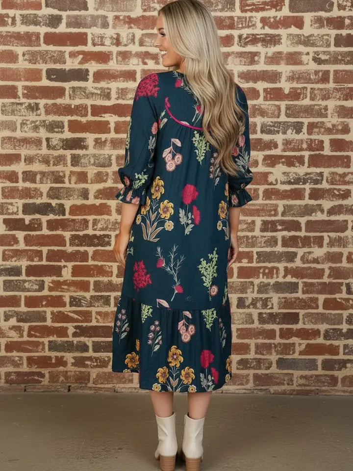 Floral Smocked 3/4 Sleeve Midi Dress
