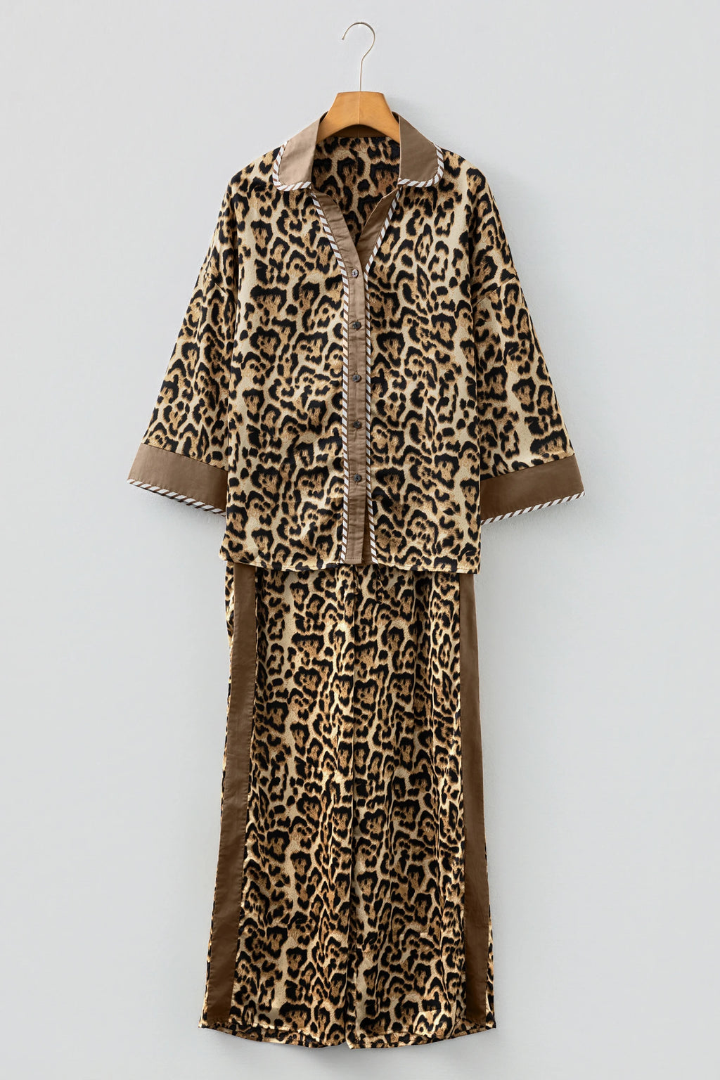 Brown Leopard Collared 3/4 Sleeve Shirt and Loose Pants Pajamas