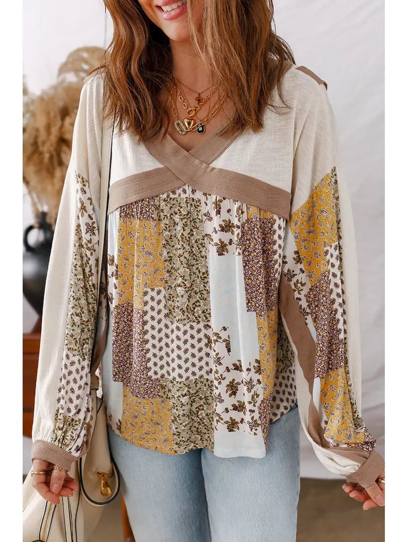 Floral Printed Cross Patchwork Long Sleeve