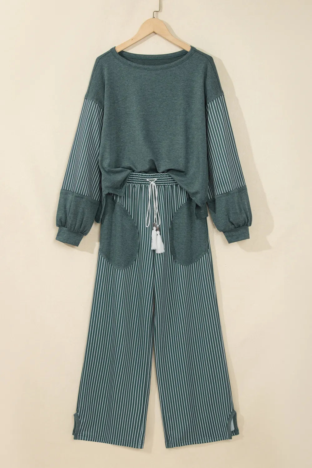 Green Bay Raw Seam Patchwork Long Sleeve Top Pocket Set