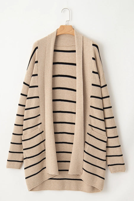 Stripe Shawl Open Cardigan with Pockets