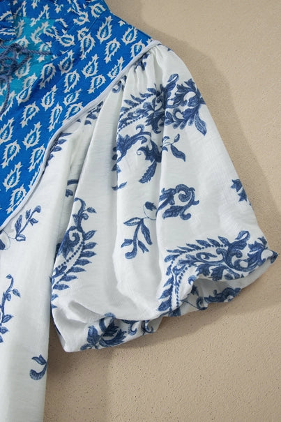 Boho Abstract Print Contrast Trim V Neck Dress