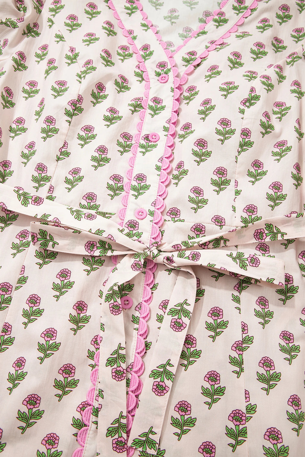 Pink Floral Print V Neck Scallop Long Dress