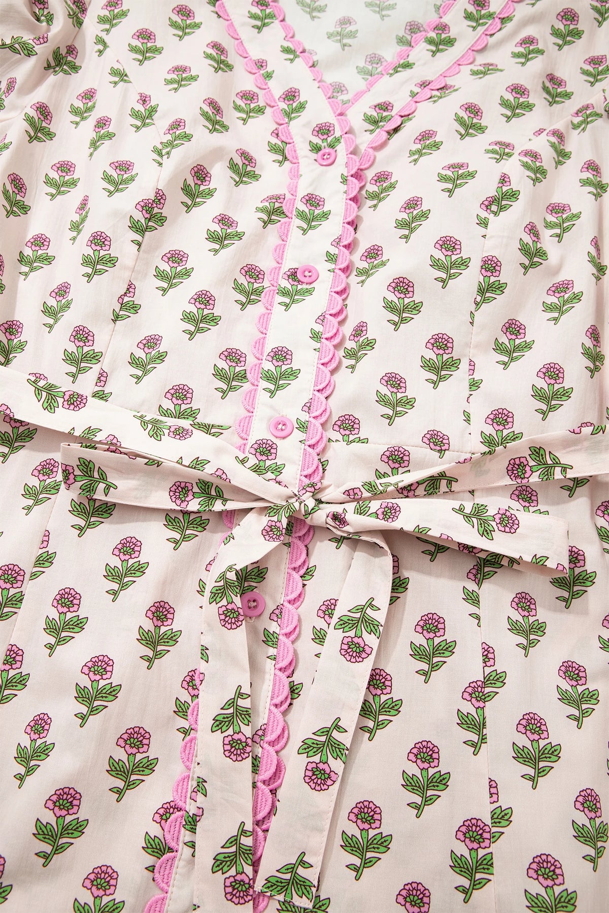 Pink Floral Print V Neck Scallop Long Dress