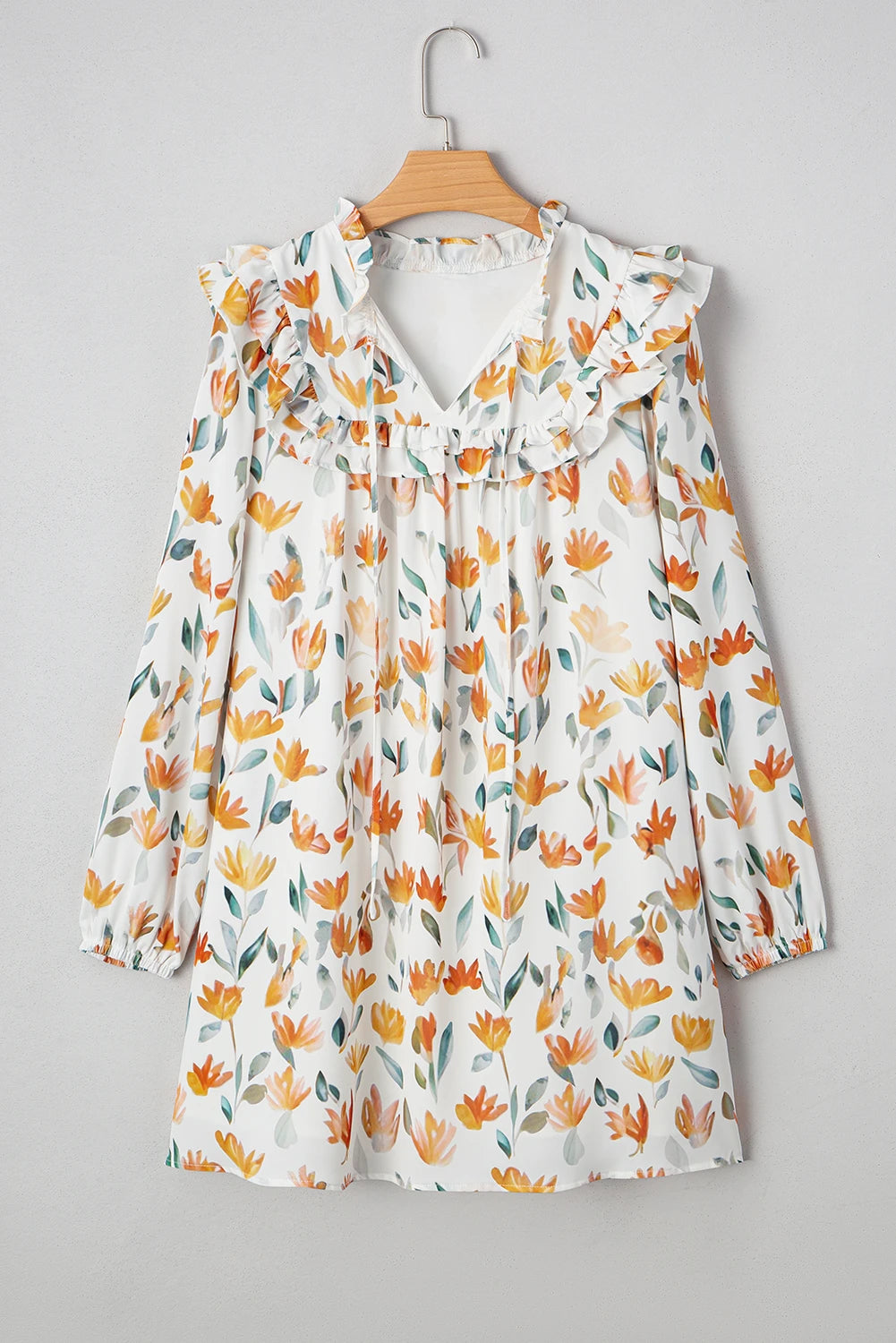 Yellow Floral Print Tie Neck Frilled Detail Long Sleeve Mini Dress