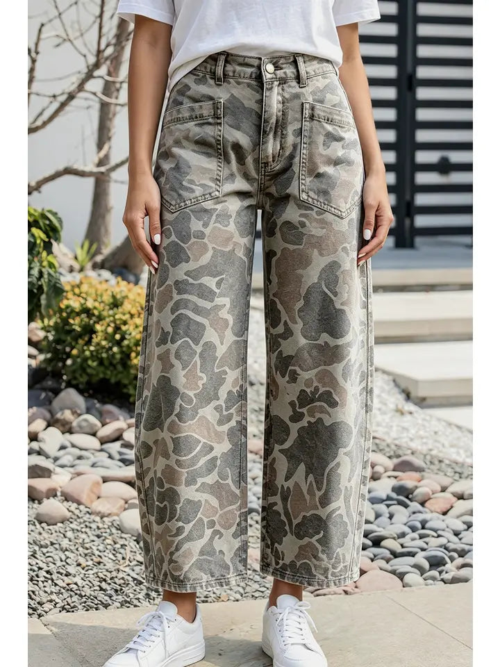 Camouflage Shift Pockets Ankle Length Jeans