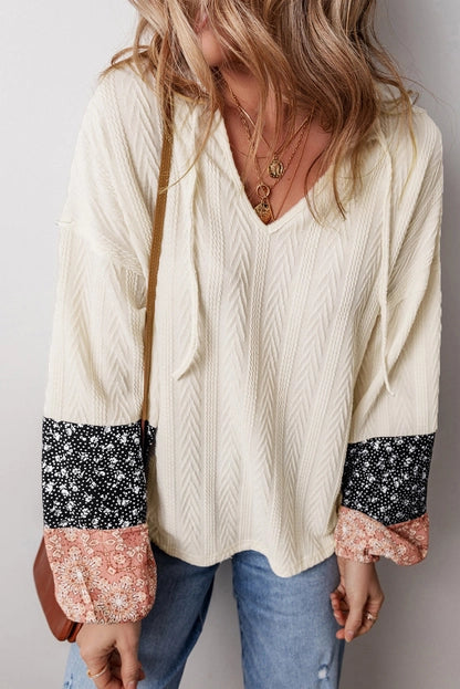 Floral Patchwork Textured Knit Drawstring V-Neck Blouse