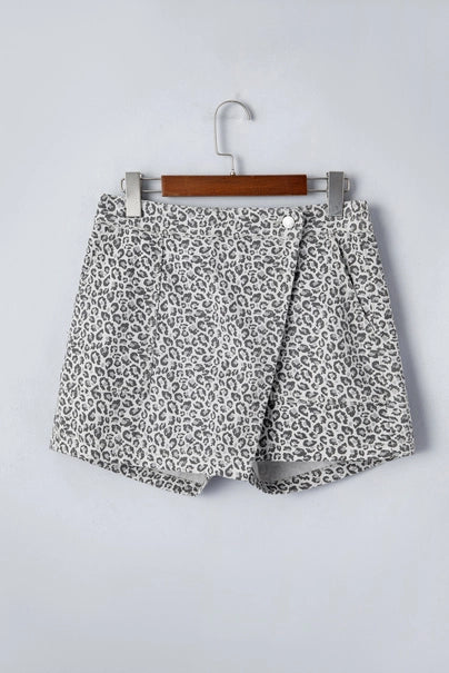 Gray Leopard Print Wrap Front Denim Shorts