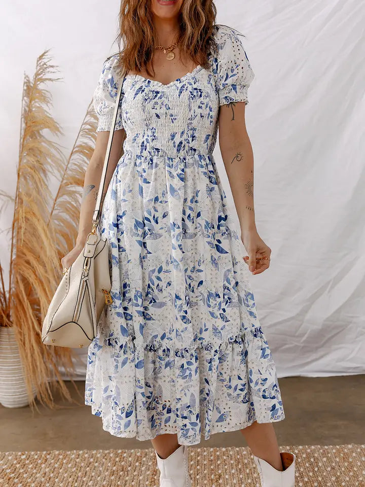 Floral Short Puff Sleeve Midi Dress